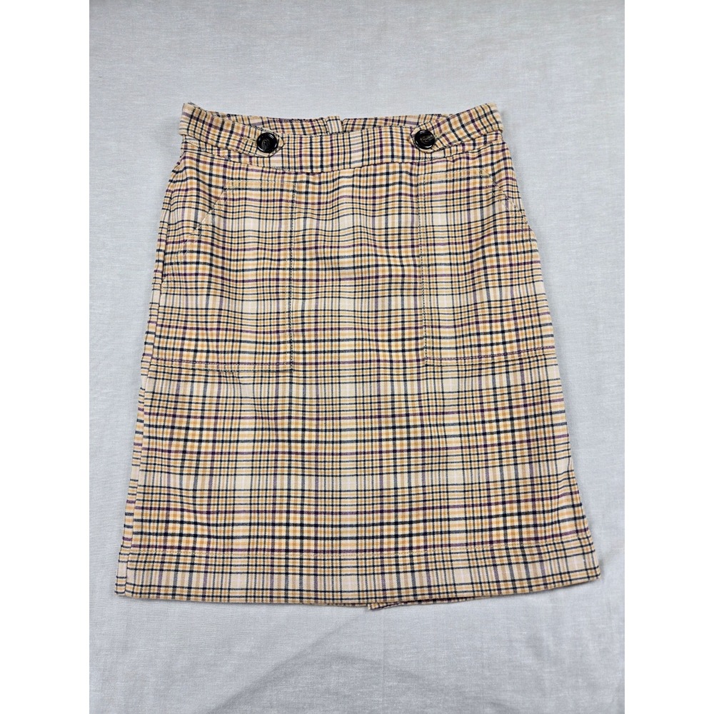 Merona Womens 8 Plaid A-Line Skirt Tan Yellow Wool Blend Button Waist Career